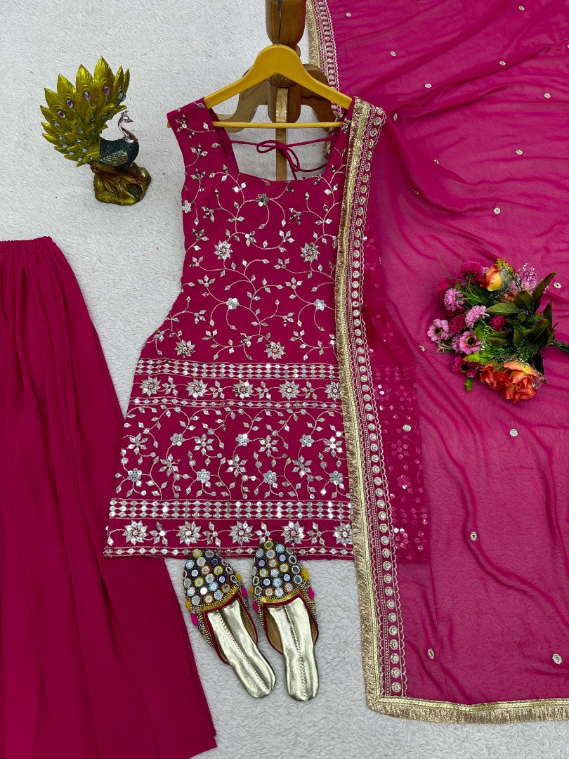 Pink georgette heavy work designer plazzo suit
