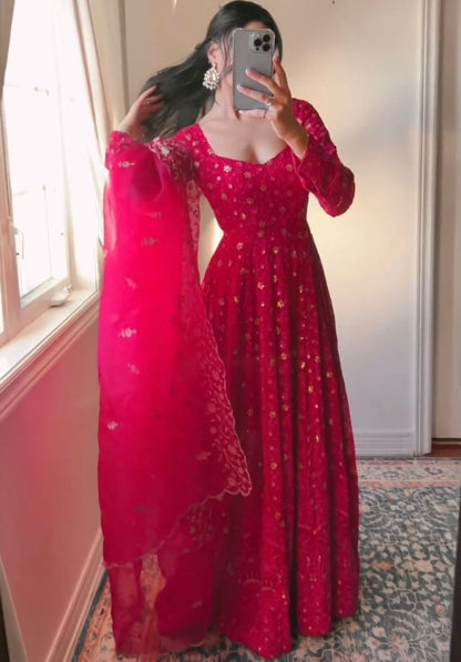 Pink georgette heavy work wedding anarkali suit