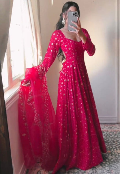 Pink georgette heavy work wedding anarkali suit