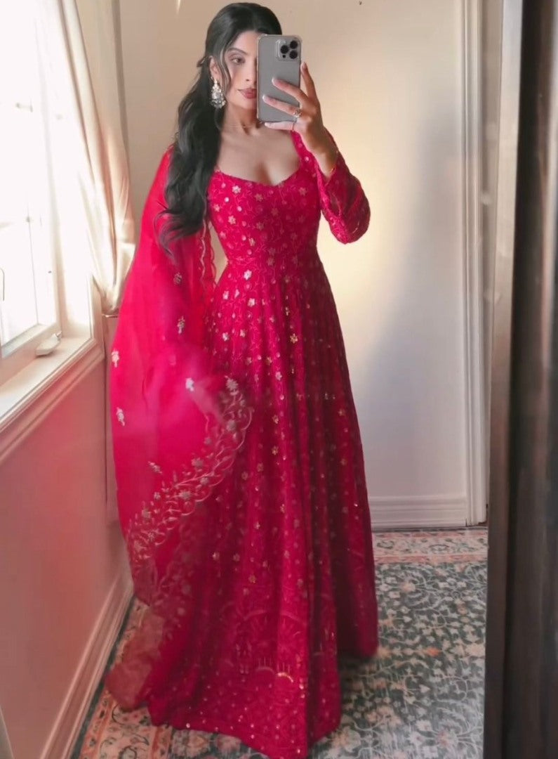 Pink georgette heavy work wedding anarkali suit