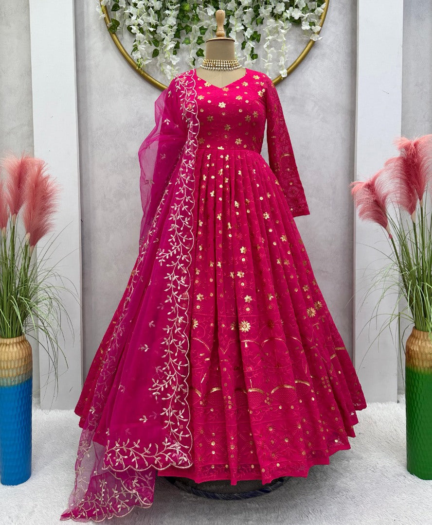 Pink georgette heavy work wedding anarkali suit
