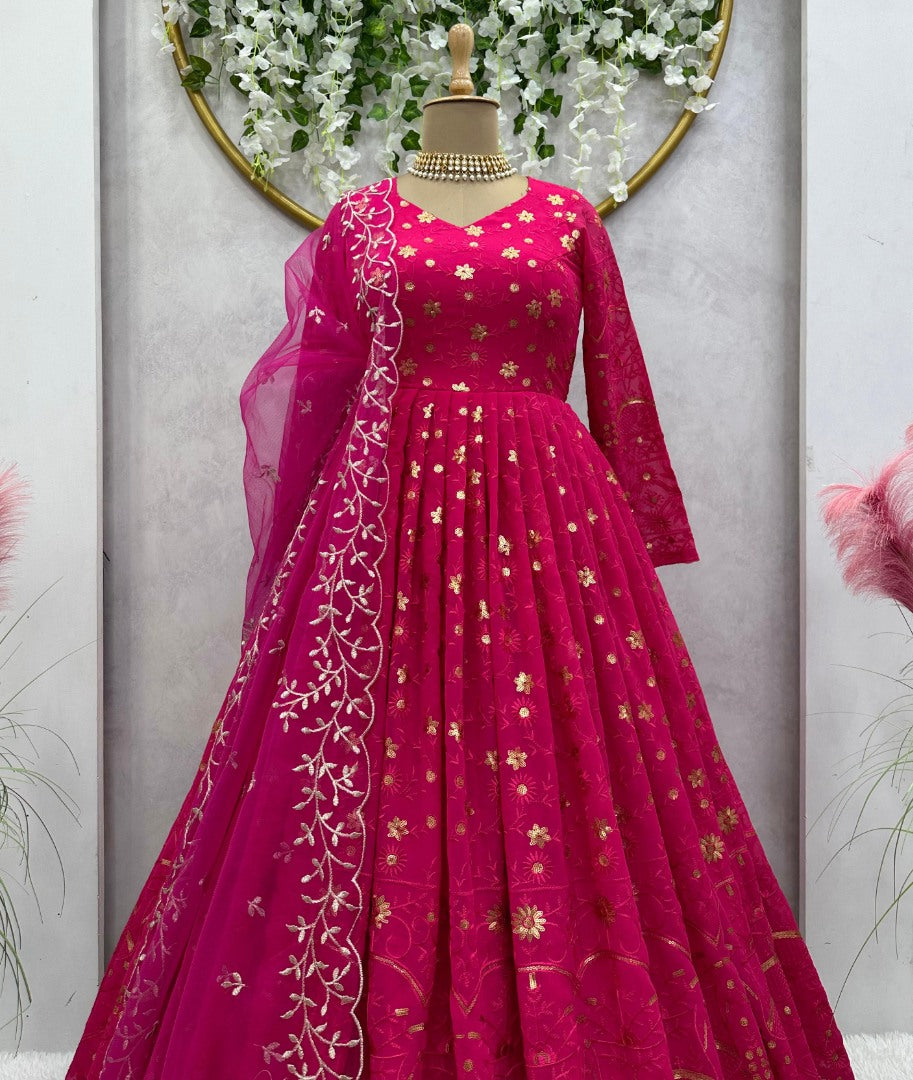 Pink georgette heavy work wedding anarkali suit