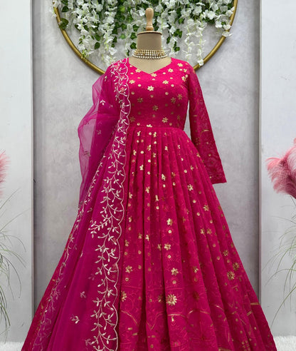 Pink georgette heavy work wedding anarkali suit