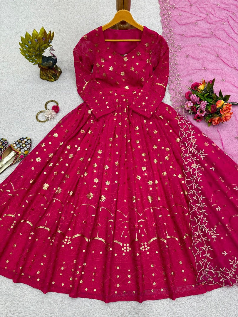 Pink georgette heavy work wedding anarkali suit