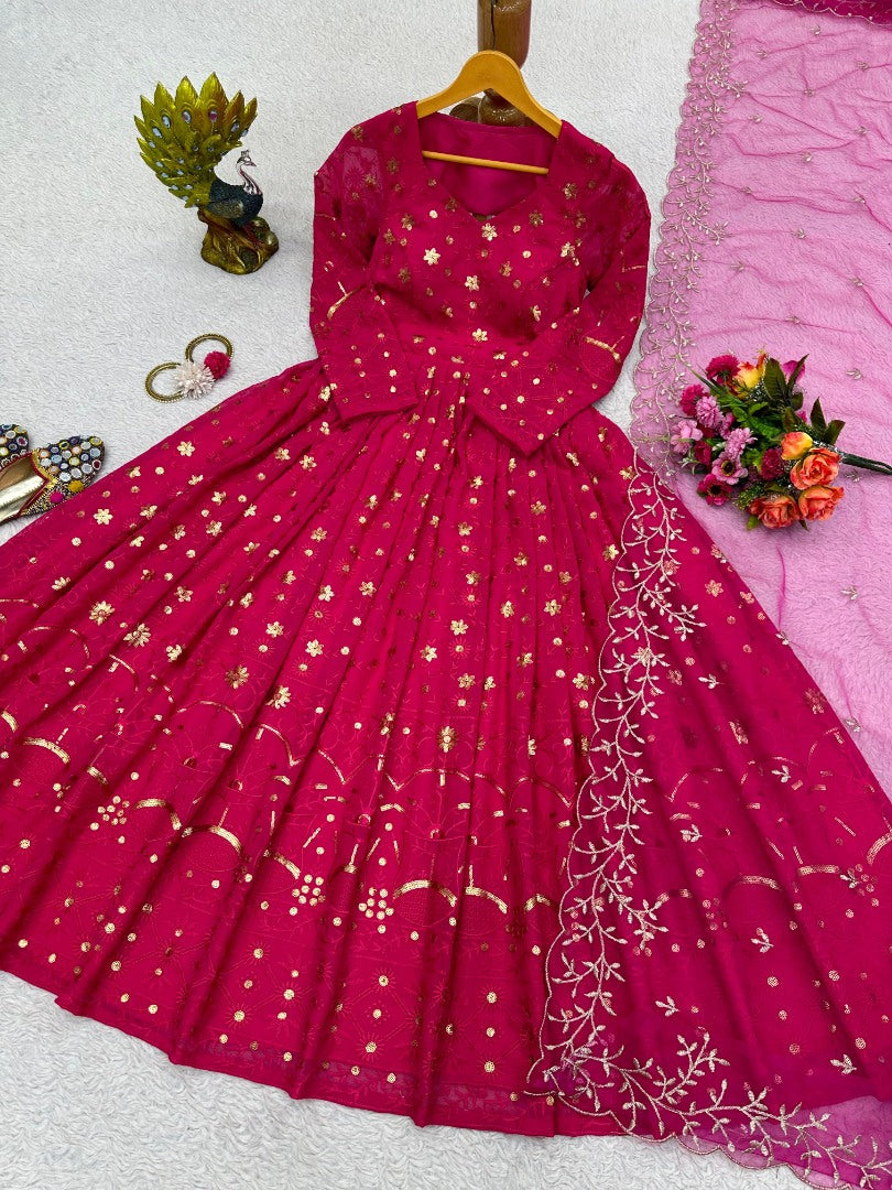 Pink georgette heavy work wedding anarkali suit