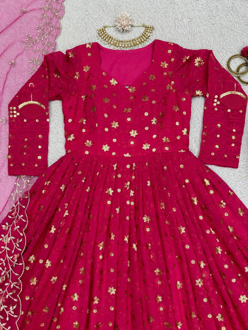 Pink georgette heavy work wedding anarkali suit