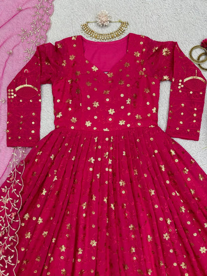 Pink georgette heavy work wedding anarkali suit