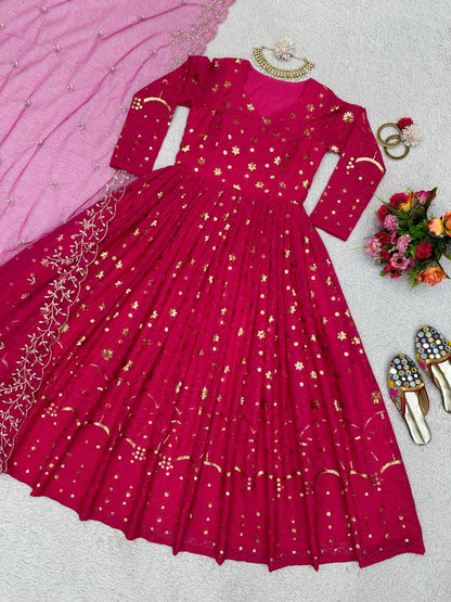 Pink georgette heavy work wedding anarkali suit