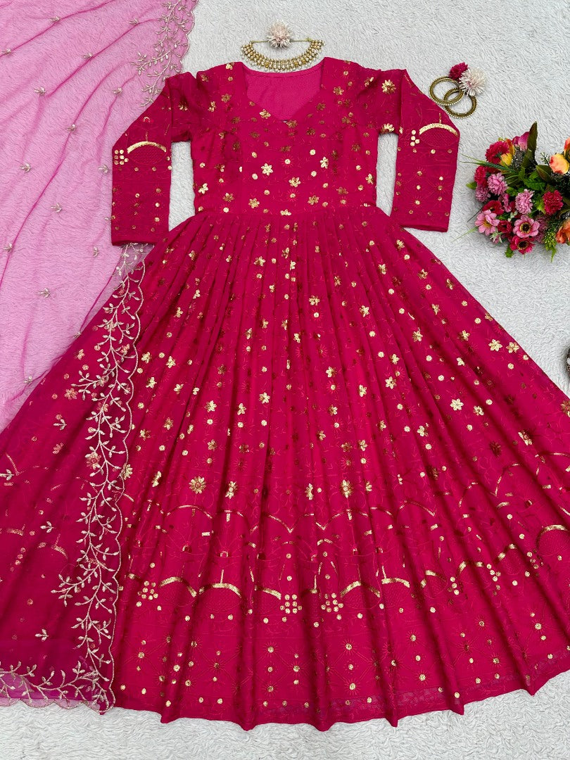 Pink georgette heavy work wedding anarkali suit