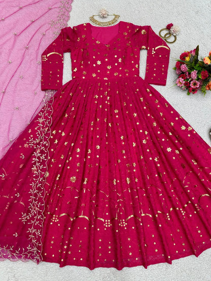 Pink georgette heavy work wedding anarkali suit