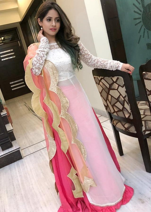 Pink georgette lehenga with white long top lehenga suit