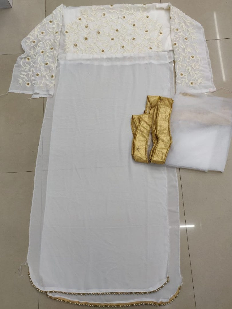 Pink georgette lehenga with white long top lehenga suit