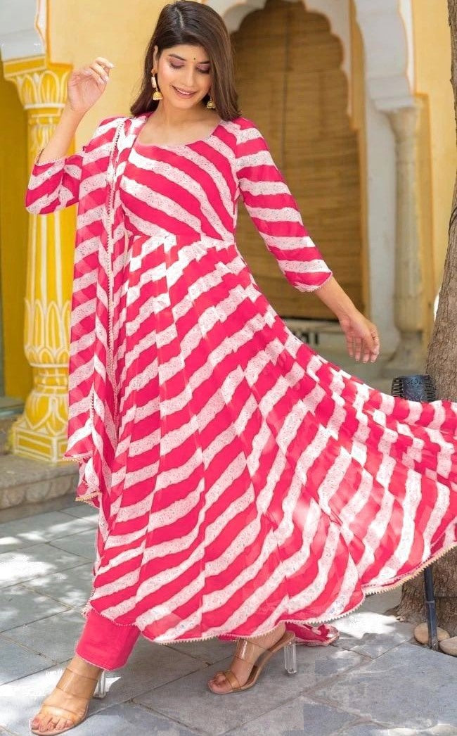 Pink georgette leheriya printed anarkali suit