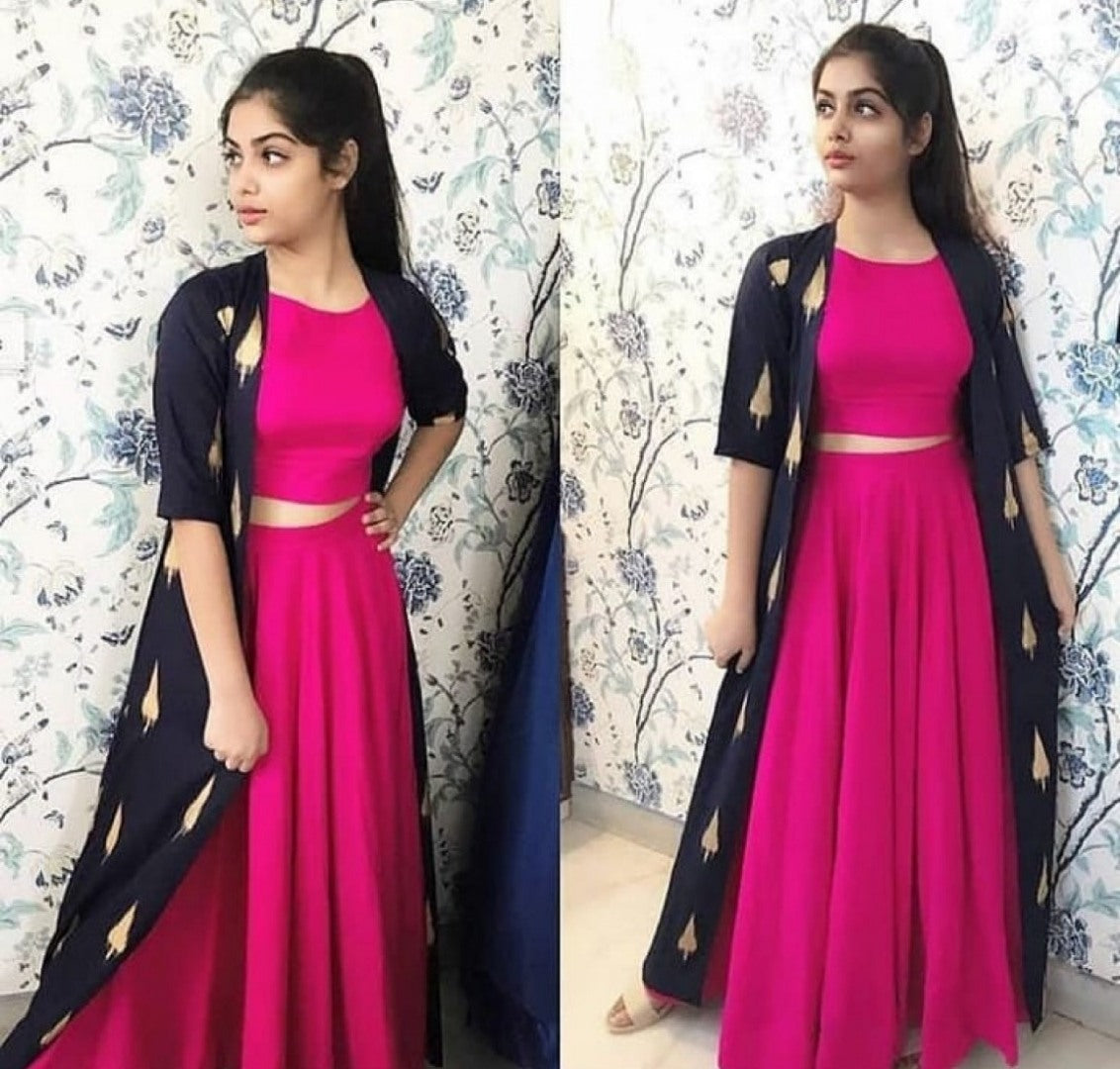 pink georgette partywear crop top lehenga with printed shrug