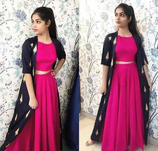 pink georgette partywear crop top lehenga with printed shrug