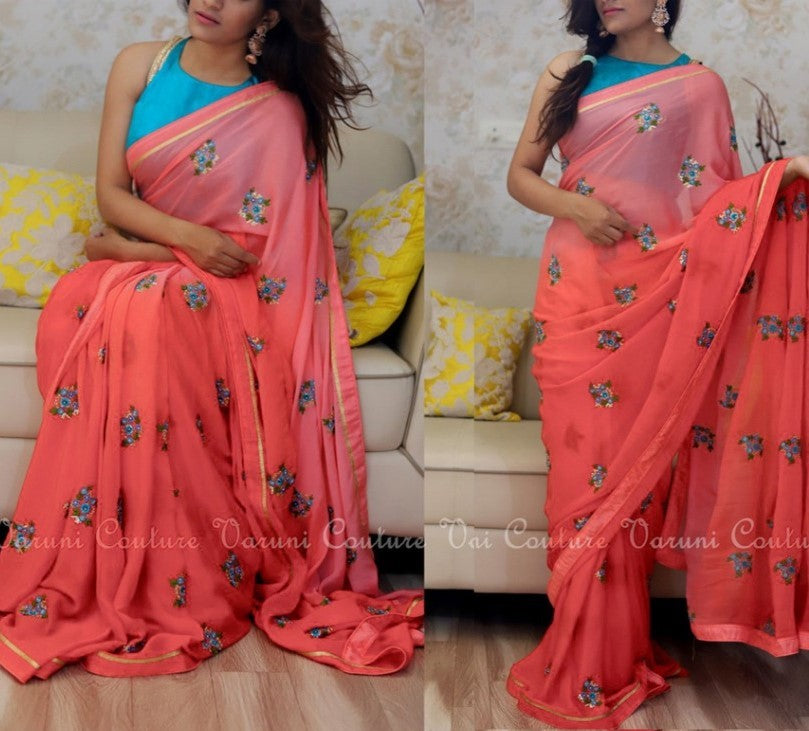 Pink georgette pedding embroidered ceremonial saree