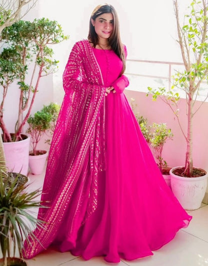 Pink georgette plain long anarkali suit with heavy sequence work dupatta