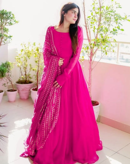 Pink georgette plain long anarkali suit with heavy sequence work dupatta