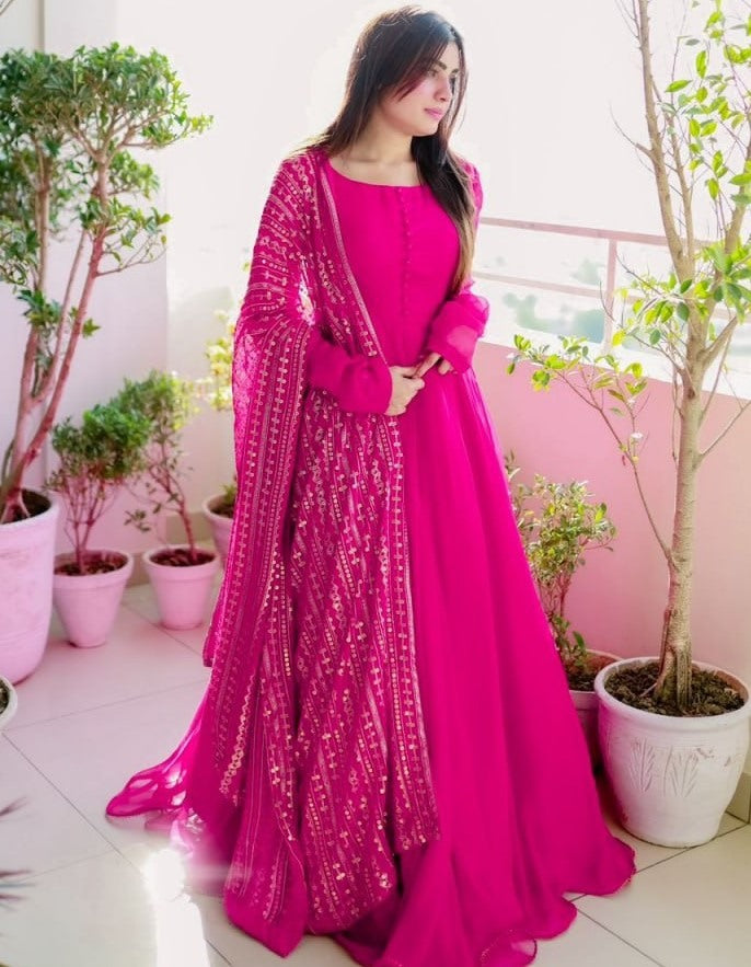 Pink georgette plain long anarkali suit with heavy sequence work dupatta