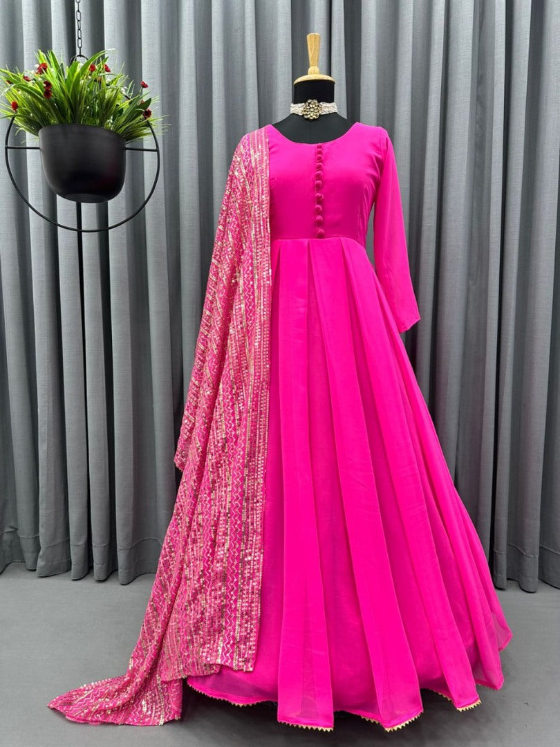 Pink georgette plain long anarkali suit with heavy sequence work dupatta
