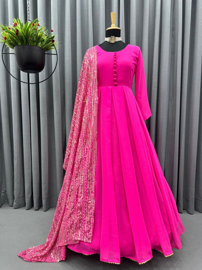 Pink georgette plain long anarkali suit with heavy sequence work dupatta