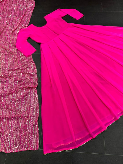 Pink georgette plain long anarkali suit with heavy sequence work dupatta