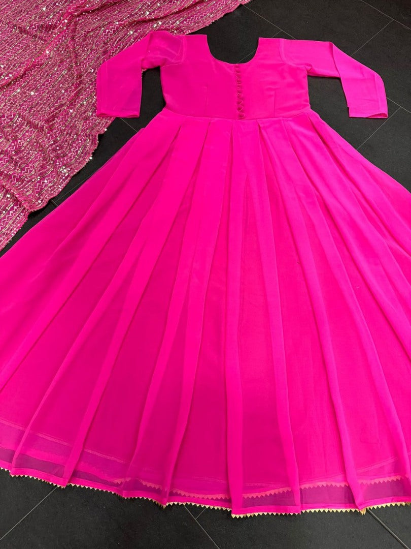 Pink georgette plain long anarkali suit with heavy sequence work dupatta