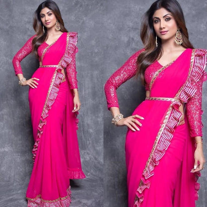 pink georgette plain party wear saree with satin ruffle lace