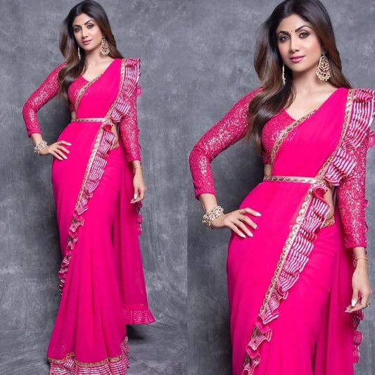 pink georgette plain party wear saree with satin ruffle lace