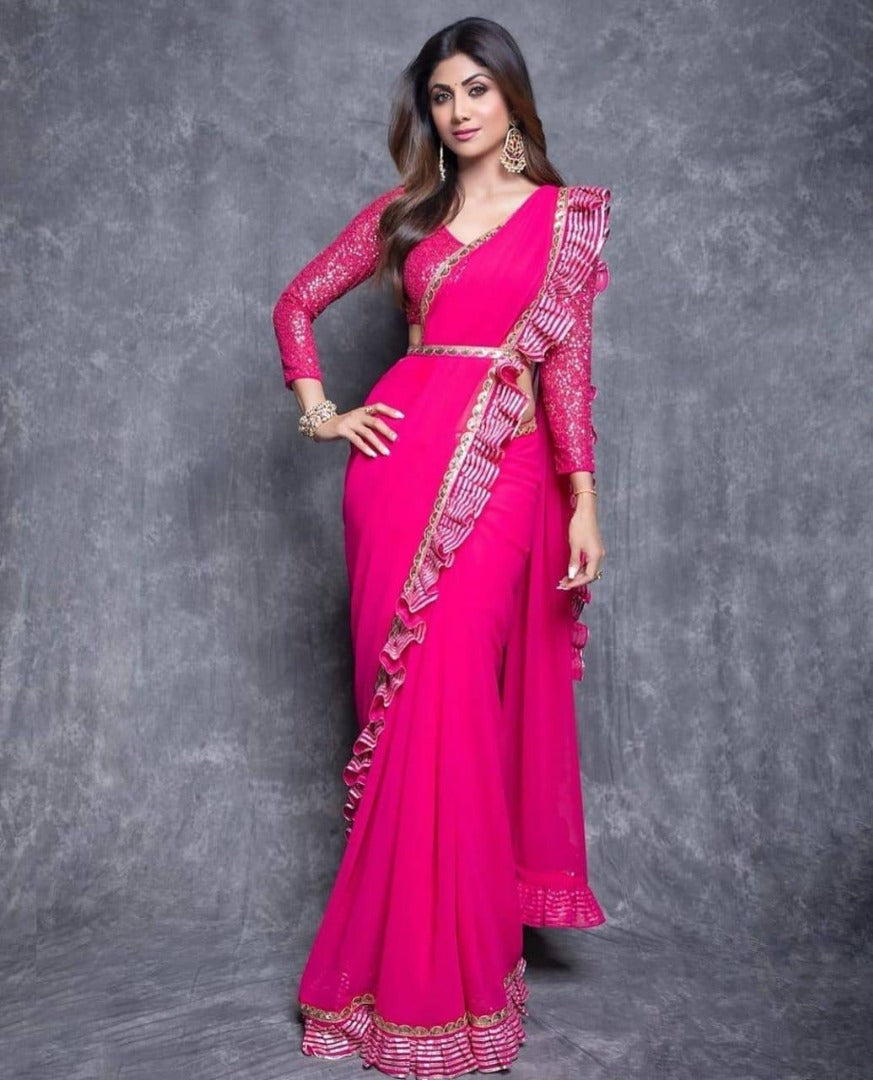 pink georgette plain party wear saree with satin ruffle lace