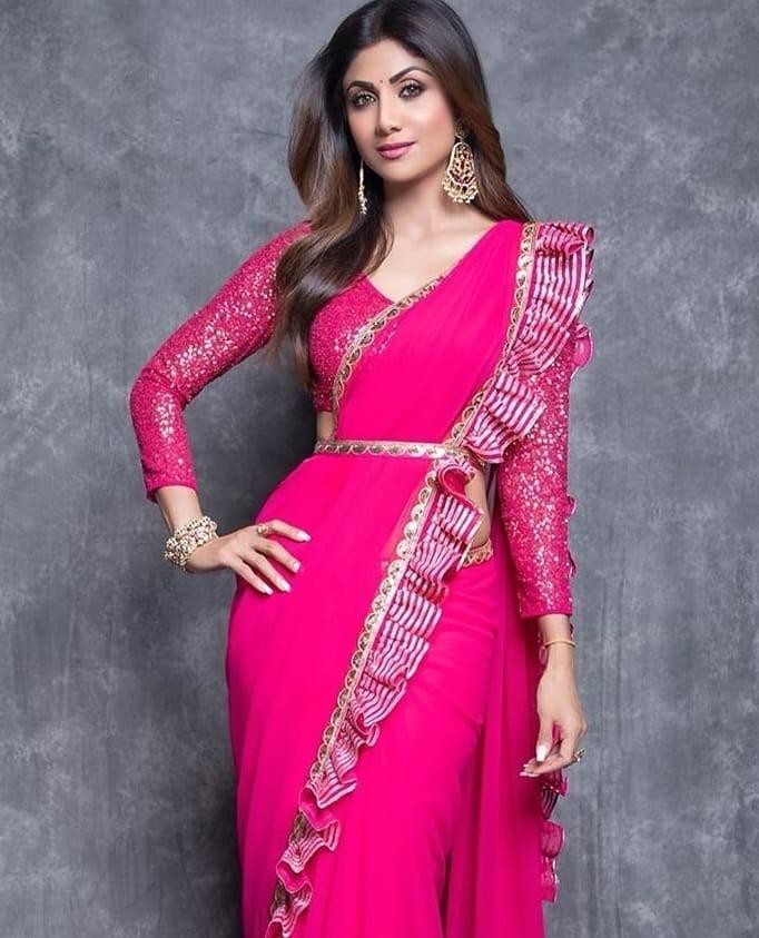 pink georgette plain party wear saree with satin ruffle lace