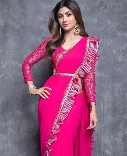 pink georgette plain party wear saree with satin ruffle lace