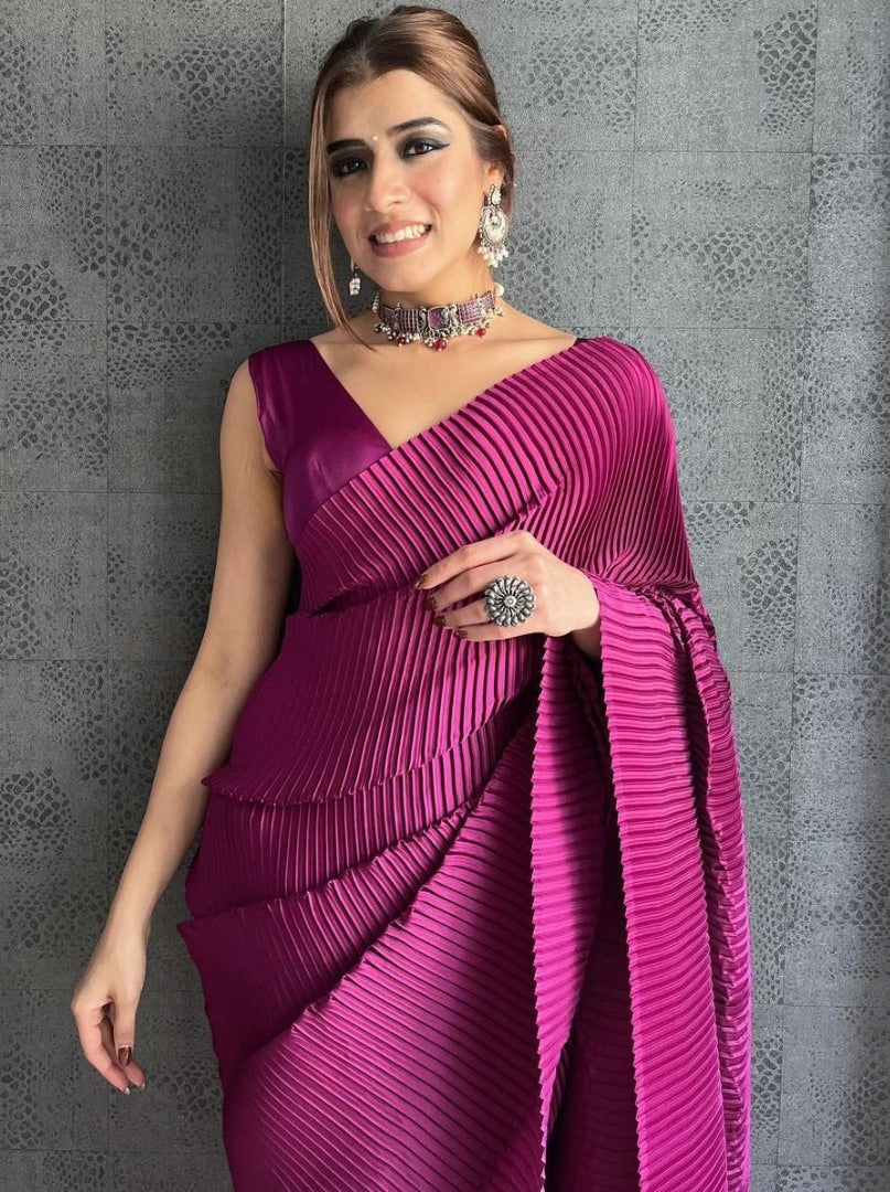 Pink georgette pleated saree