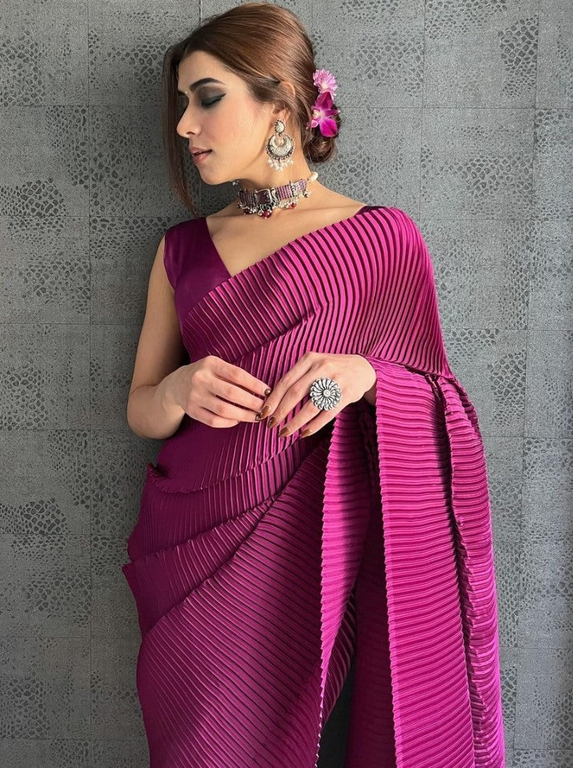 Pink georgette pleated saree
