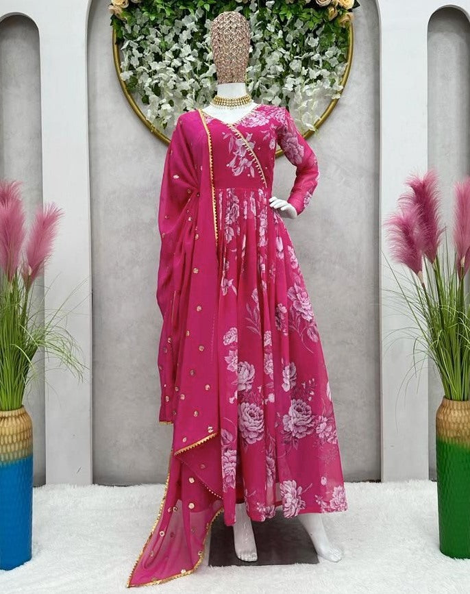 Pink georgette print and handwork anarkali suit