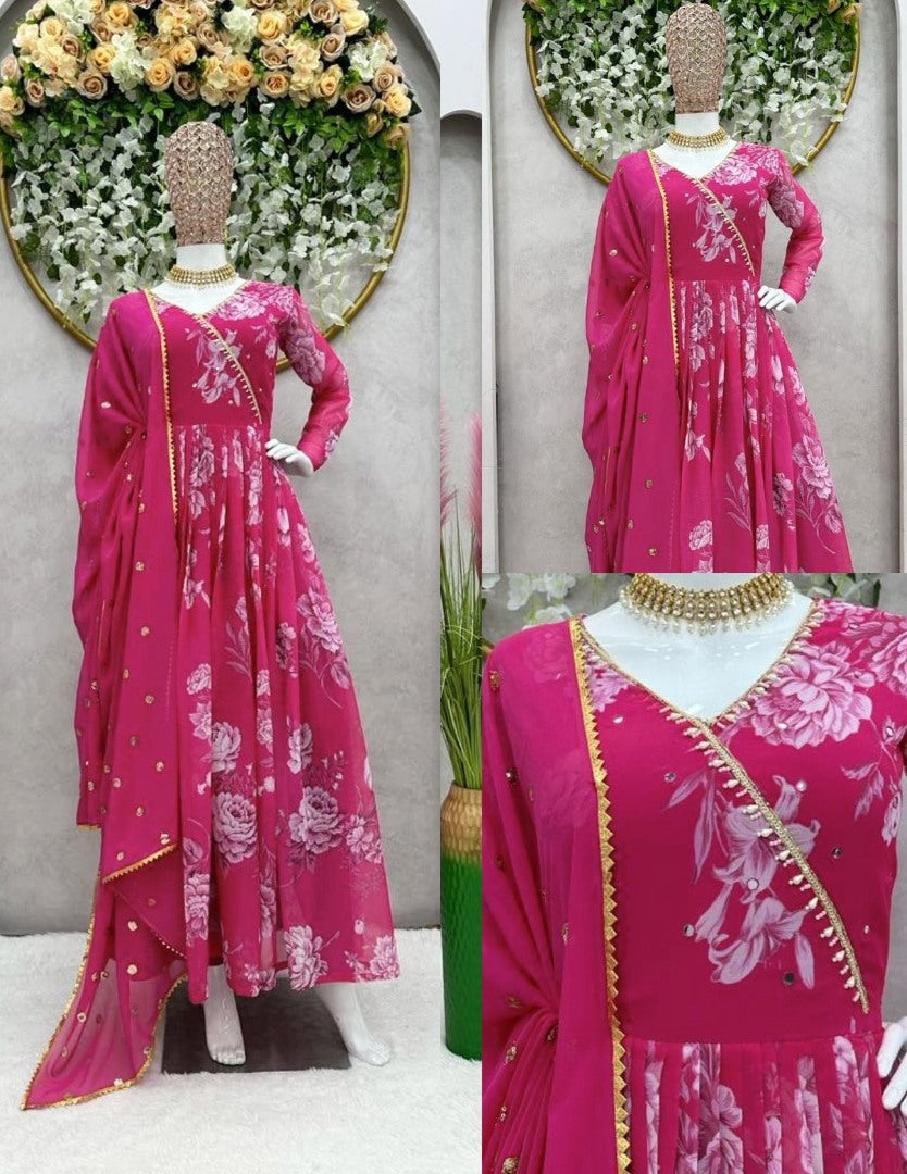 Pink georgette print and handwork anarkali suit