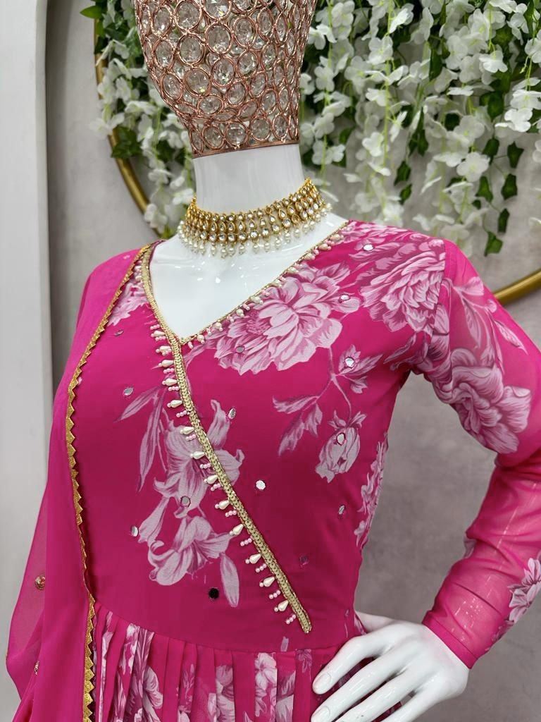 Pink georgette print and handwork anarkali suit
