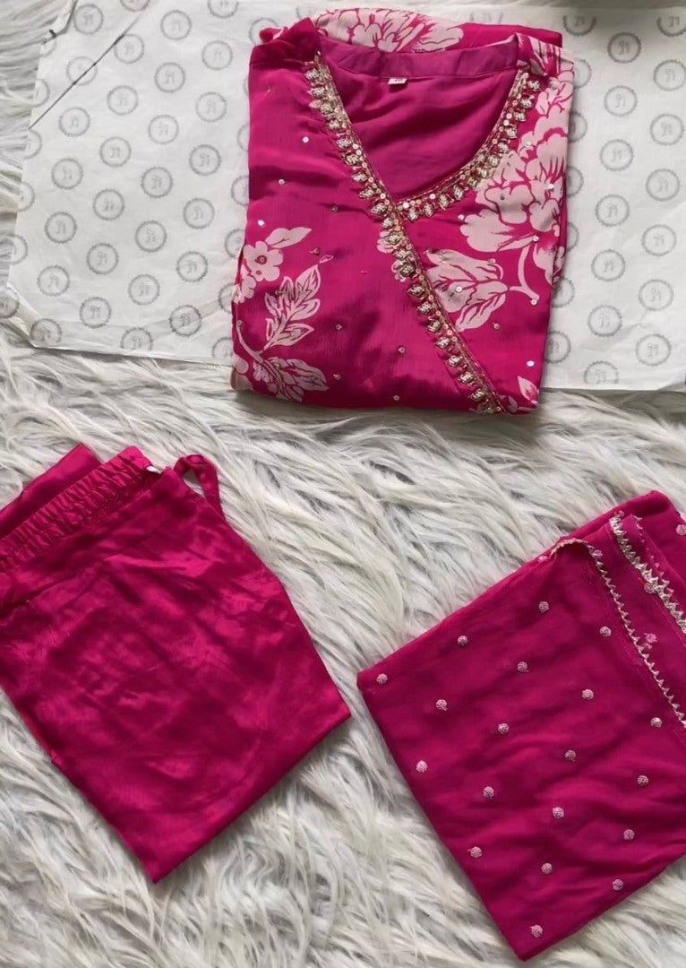 Pink georgette print and handwork anarkali suit