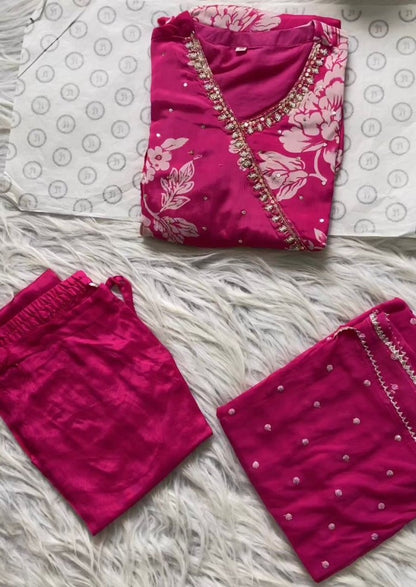 Pink georgette print and handwork anarkali suit