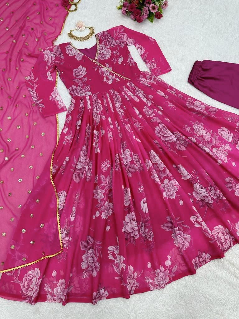Pink georgette print and handwork anarkali suit