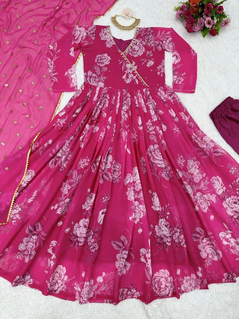 Pink georgette print and handwork anarkali suit