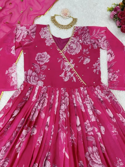 Pink georgette print and handwork anarkali suit