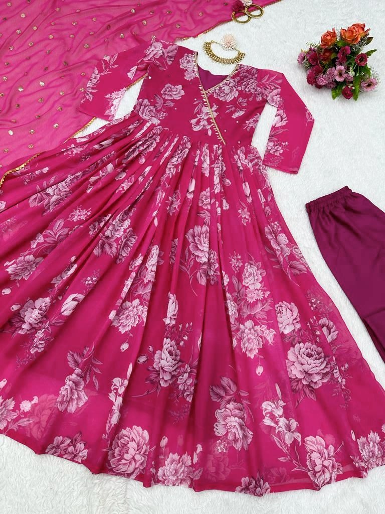 Pink georgette print and handwork anarkali suit