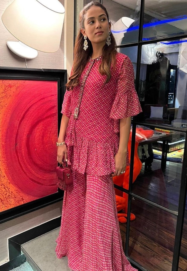 Pink georgette printed casual sharara suit