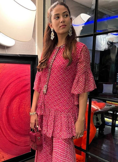 Pink georgette printed casual sharara suit