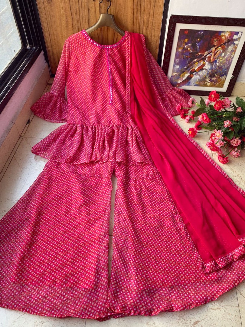 Pink georgette printed casual sharara suit