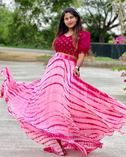 Pink georgette printed crop top lehenga