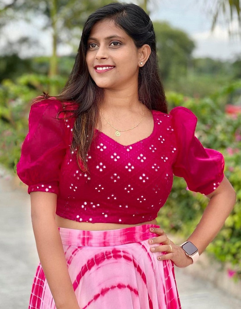 Pink georgette printed crop top lehenga