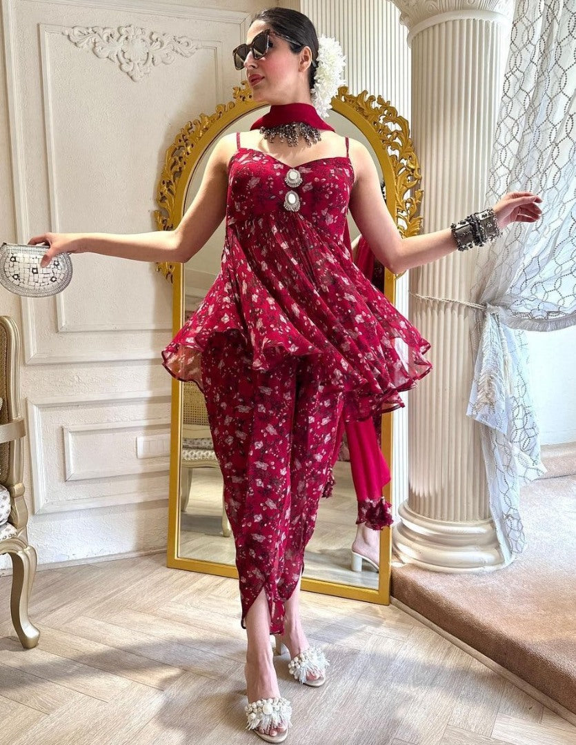 Pink georgette printed dhoti suit