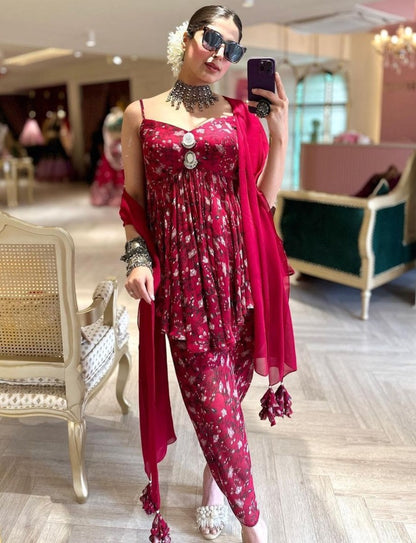 Pink georgette printed dhoti suit